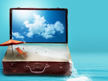 fantasy, to travel, travel, vacations, suitcase, sea, beach, luggage, dreams, nature, holiday plans, travel plans, surreal, imagination, image montage